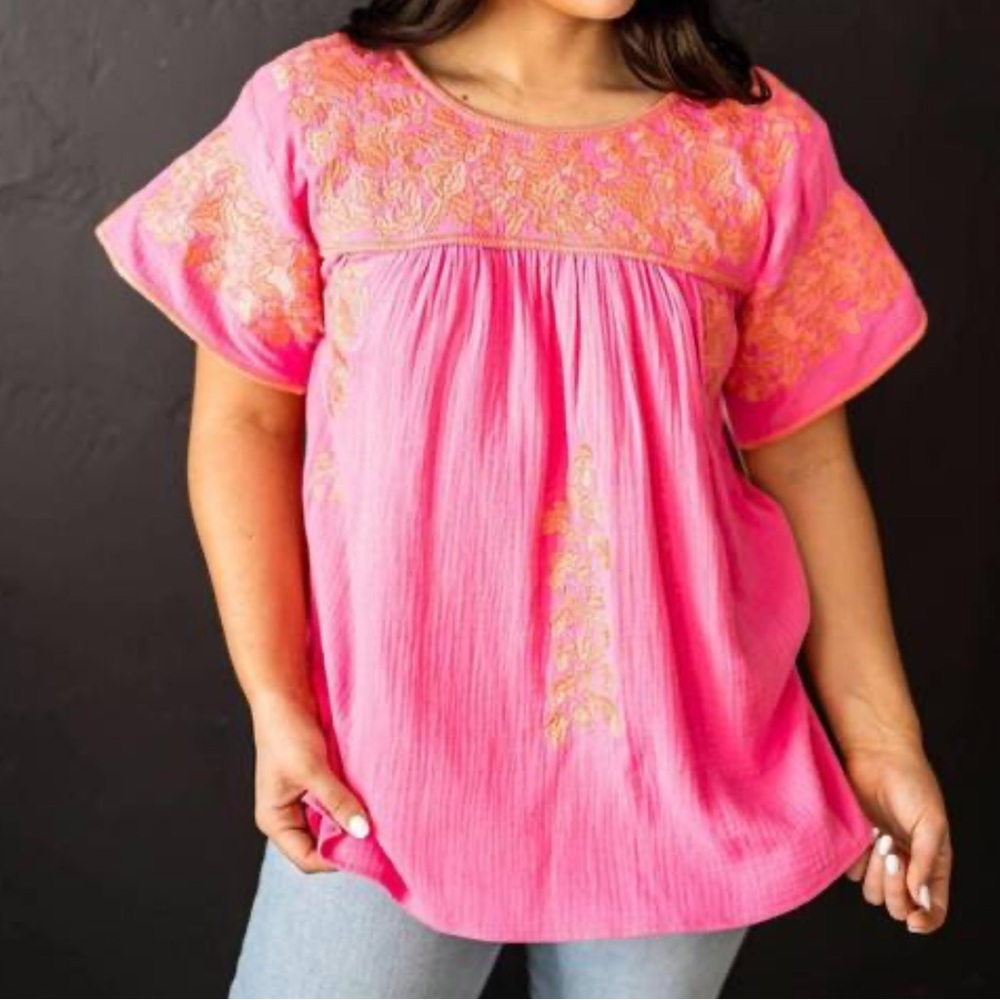 J.MARIE Courtney Top in Pink/Orange Embroidered Mexican Style Bright Size Small